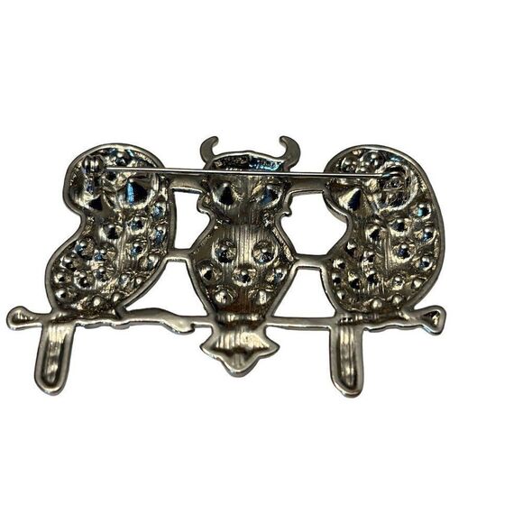 Silver Horned Owl on Branch Brooch Trio of Owls Crystals Rhinestone Eyes Costume - Picture 5 of 5